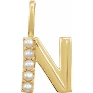 14K YELLOW CULTURED WHITE FRESHWATER PEARL INITIAL N CHARM/PENDANT
