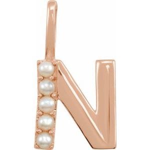 14K ROSE CULTURED WHITE FRESHWATER PEARL INITIAL N CHARM/PENDANT