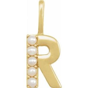 14K YELLOW CULTURED WHITE FRESHWATER PEARL INITIAL R CHARM/PENDANT