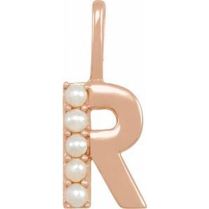 14K ROSE CULTURED WHITE FRESHWATER PEARL INITIAL R CHARM/PENDANT