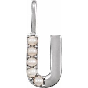 14K WHITE CULTURED WHITE FRESHWATER PEARL INITIAL U CHARM/PENDANT