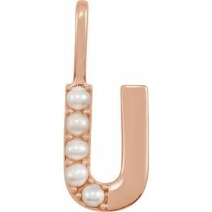 14K ROSE CULTURED WHITE FRESHWATER PEARL INITIAL U CHARM/PENDANT