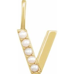14K YELLOW CULTURED WHITE FRESHWATER PEARL INITIAL V CHARM/PENDANT