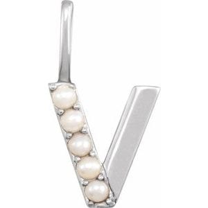 14K WHITE CULTURED WHITE FRESHWATER PEARL INITIAL V CHARM/PENDANT