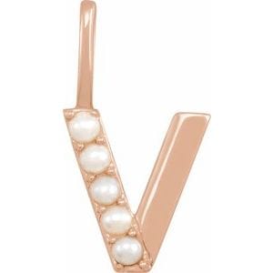 14K ROSE CULTURED WHITE FRESHWATER PEARL INITIAL V CHARM/PENDANT