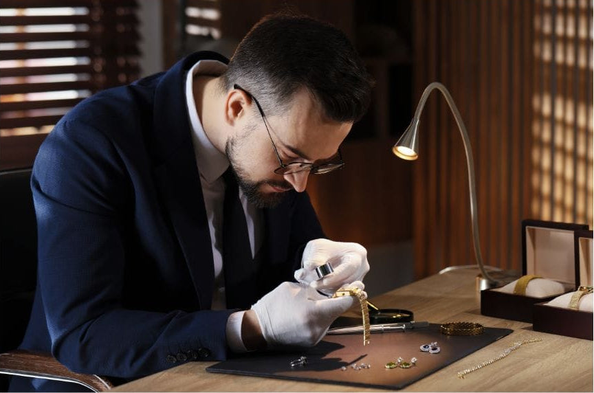 Person working on jewelry at a desk with a lamp in the background