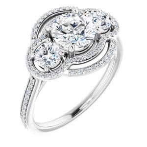 Rings 14K White 6.5 mm Round Three-Stone Halo-Style Engagement Ring Mounting