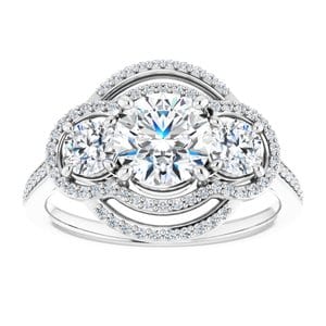 Rings 14K White 6.5 mm Round Three-Stone Halo-Style Engagement Ring Mounting