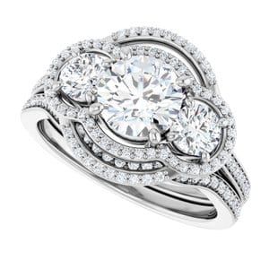 Rings 14K White 6.5 mm Round Three-Stone Halo-Style Engagement Ring Mounting