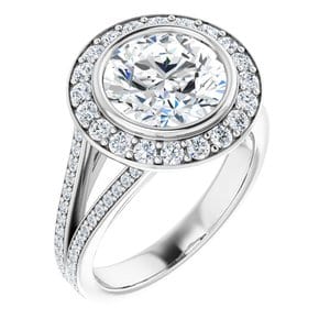 Rings 14K White 9 mm Round Bezel-Set Halo-Style Engagement Ring Mounting