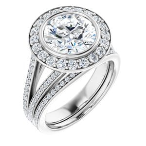 Rings 14K White 9 mm Round Bezel-Set Halo-Style Engagement Ring Mounting
