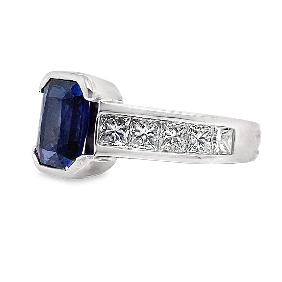 14K WHITE GOLD 8X6 MM RADIANT CUT LAB GROWN SAPPHIRE CENTER 1.30CT TW NATURAL PRINCESS DIAMOND ACCENTRING