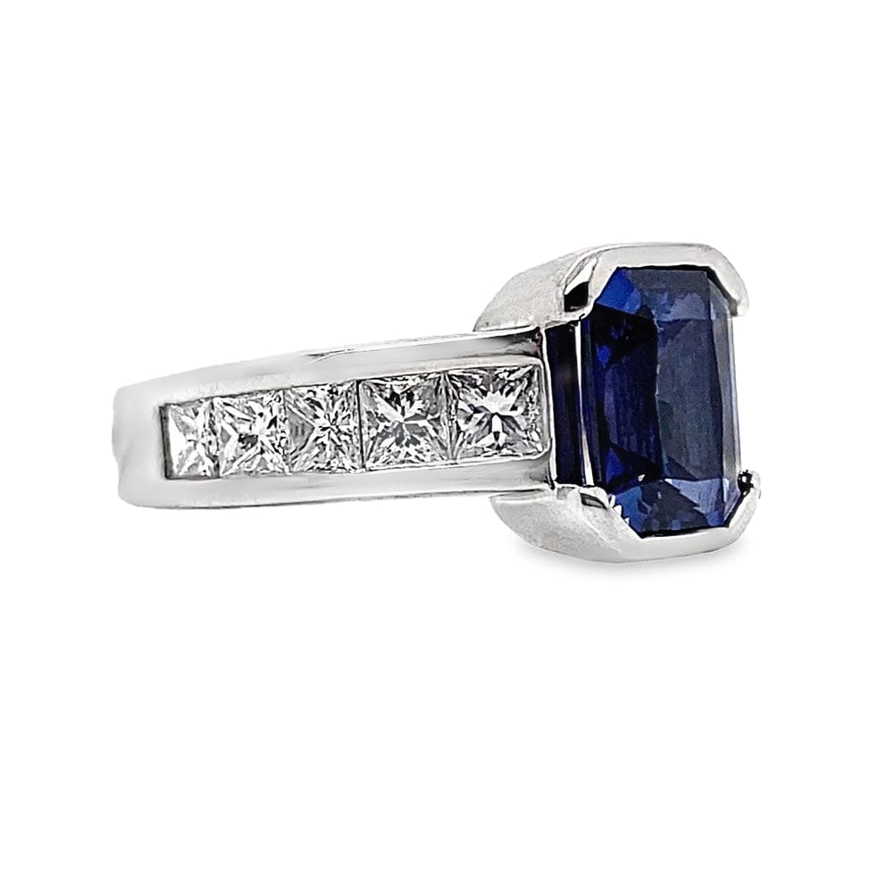 14K WHITE GOLD 8X6 MM RADIANT CUT LAB GROWN SAPPHIRE CENTER 1.30CT TW NATURAL PRINCESS DIAMOND ACCENTRING