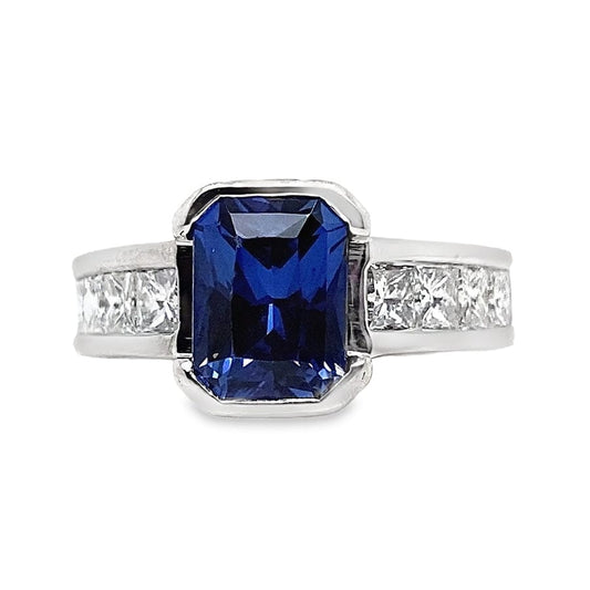 14K WHITE GOLD 8X6 MM RADIANT CUT LAB GROWN SAPPHIRE CENTER 1.30CT TW NATURAL PRINCESS DIAMOND ACCENTRING