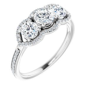 Rings 14K White 4.8 mm Round Three-Stone Halo-Style Engagement Ring Mounting