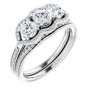 Rings 14K White 4.8 mm Round Three-Stone Halo-Style Engagement Ring Mounting