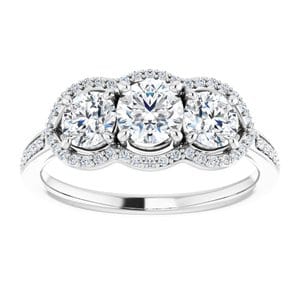 Rings 14K White 4.8 mm Round Three-Stone Halo-Style Engagement Ring Mounting