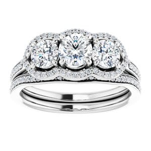 Rings 14K White 4.8 mm Round Three-Stone Halo-Style Engagement Ring Mounting