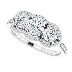 Rings 14K White 4.8 mm Round Three-Stone Halo-Style Engagement Ring Mounting