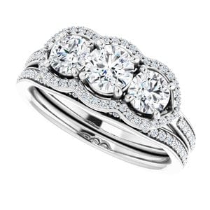 Rings 14K White 4.8 mm Round Three-Stone Halo-Style Engagement Ring Mounting
