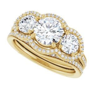 Rings 14K Yellow 6.5 mm Round Three-Stone Halo-Style Engagement Ring Mounting