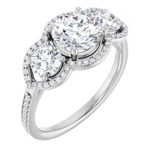 Rings 14K White 7 mm Round Three-Stone Halo-Style Engagement Ring Mounting