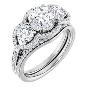 Rings 14K White 7 mm Round Three-Stone Halo-Style Engagement Ring Mounting