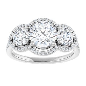 Rings 14K White 7 mm Round Three-Stone Halo-Style Engagement Ring Mounting