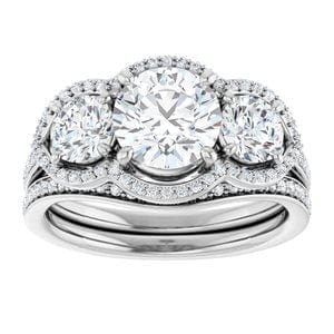 Rings 14K White 7 mm Round Three-Stone Halo-Style Engagement Ring Mounting