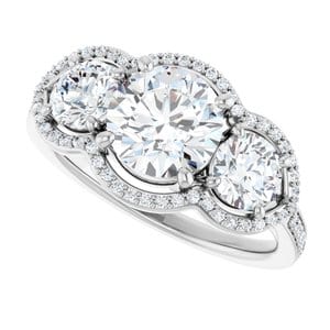 Rings 14K White 7 mm Round Three-Stone Halo-Style Engagement Ring Mounting