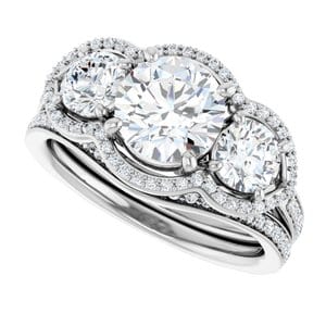 Rings 14K White 7 mm Round Three-Stone Halo-Style Engagement Ring Mounting