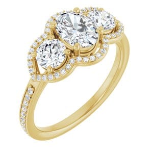 Rings 14K Yellow 7x5 mm Oval Three-Stone Halo-Style Engagement Ring Mounting