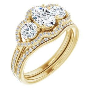Rings 14K Yellow 7x5 mm Oval Three-Stone Halo-Style Engagement Ring Mounting