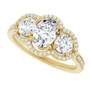 Rings 14K Yellow 7x5 mm Oval Three-Stone Halo-Style Engagement Ring Mounting