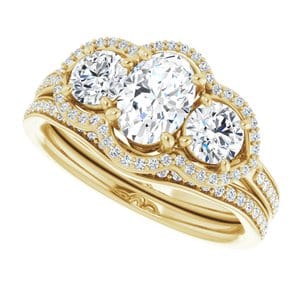 Rings 14K Yellow 7x5 mm Oval Three-Stone Halo-Style Engagement Ring Mounting
