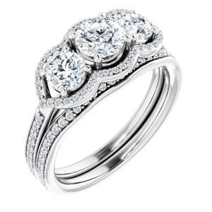 Rings 14K White 5.2 mm Round Three-Stone Halo-Style Engagement Ring Mounting
