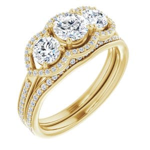 Rings 14K Yellow 5.2 mm Round Three-Stone Halo-Style Engagement Ring Mounting