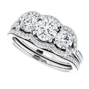 Rings 14K White 5.2 mm Round Three-Stone Halo-Style Engagement Ring Mounting
