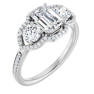 Rings 14K White 7x5 mm Emerald Three-Stone Halo-Style Engagement Ring Mounting