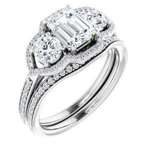 Rings 14K White 7x5 mm Emerald Three-Stone Halo-Style Engagement Ring Mounting