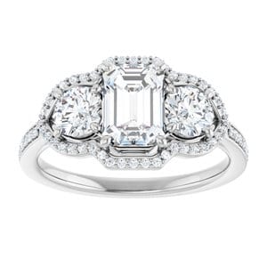 Rings 14K White 7x5 mm Emerald Three-Stone Halo-Style Engagement Ring Mounting