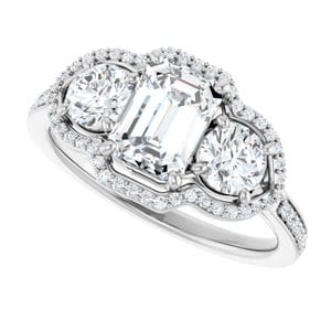 Rings 14K White 7x5 mm Emerald Three-Stone Halo-Style Engagement Ring Mounting
