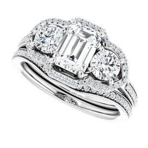 Rings 14K White 7x5 mm Emerald Three-Stone Halo-Style Engagement Ring Mounting