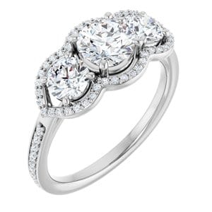 Rings 14K White 5.8 mm Round Three-Stone Halo-Style Engagement Ring Mounting