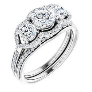 Rings 14K White 5.8 mm Round Three-Stone Halo-Style Engagement Ring Mounting