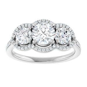 Rings 14K White 5.8 mm Round Three-Stone Halo-Style Engagement Ring Mounting