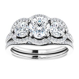Rings 14K White 5.8 mm Round Three-Stone Halo-Style Engagement Ring Mounting