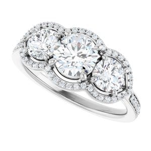 Rings 14K White 5.8 mm Round Three-Stone Halo-Style Engagement Ring Mounting