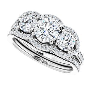 Rings 14K White 5.8 mm Round Three-Stone Halo-Style Engagement Ring Mounting