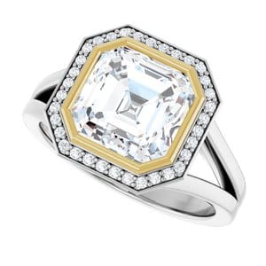Rings 18K White & Yellow 8x8 mm Asscher Bezel-Set Halo-Style Engagement Ring Mounting